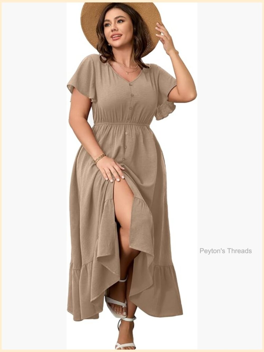 Plus Size V Neck Short Sleeve Maxi Dress Button Trim Split Flowey Tiered Casual